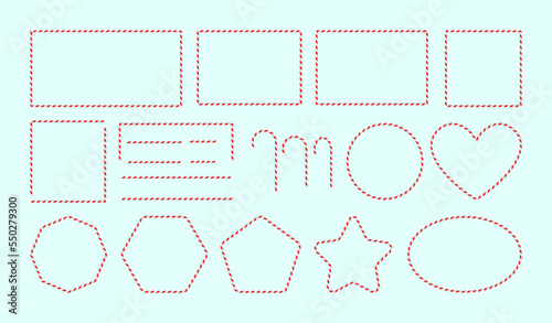 collection of Christmas red, green, white striped candy cane frame , rectangle, square,circle,star, stick , polygon, heart,oval border vector  illustration
