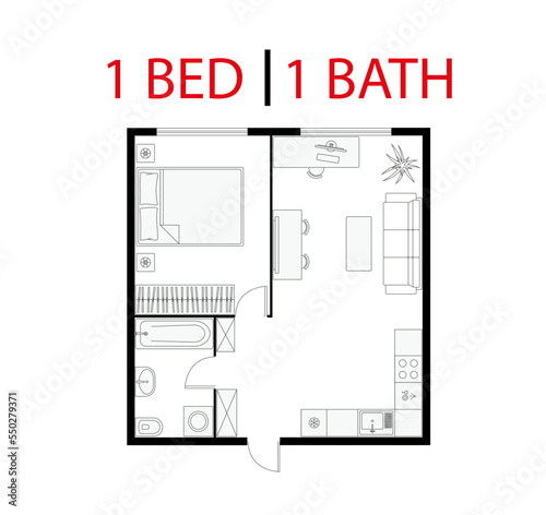 Plan floor apartment. Studio, condominium. One bedroom layout floor plan. Interior design elements kitchen, bedroom, bathroom with furniture symbol. Vector floorplan. Architectural plan.