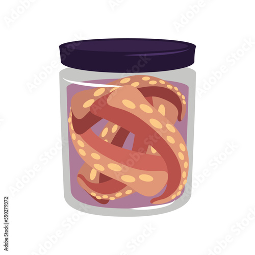 Octopus legs in jar cartoon illustration. Canned seafood. Fishery, marine industry, transportation, factory concept