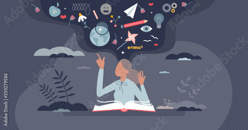Expanding knowledge horizon with personal mind education training tiny person concept. Academic wisdom growth with various competences vector illustration. Reading process as intellect or mind boost.