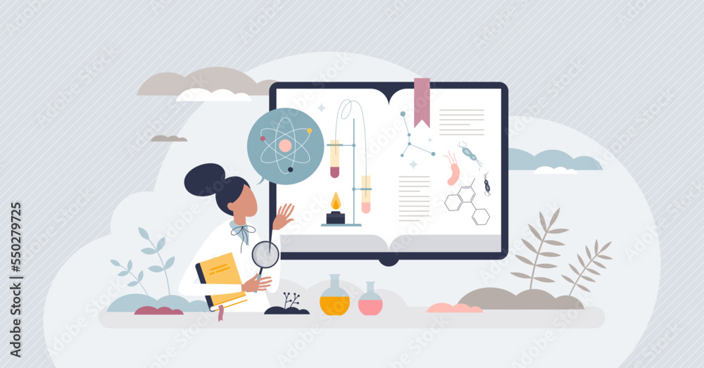 Education of the biology and chemistry as university nature science tiny person concept. Chemical reactions knowledge learning with living organisms or microscopic element research vector illustration - obrazy, fototapety, plakaty 