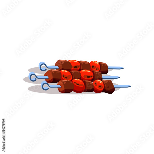 Colorful shashlik or kebab cartoon illustration. Turkish traditional cuisine meal from meat isolated on white background. Restaurant, menu, food concept.