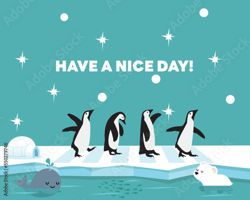 Cute penguin family greeting have a nice day