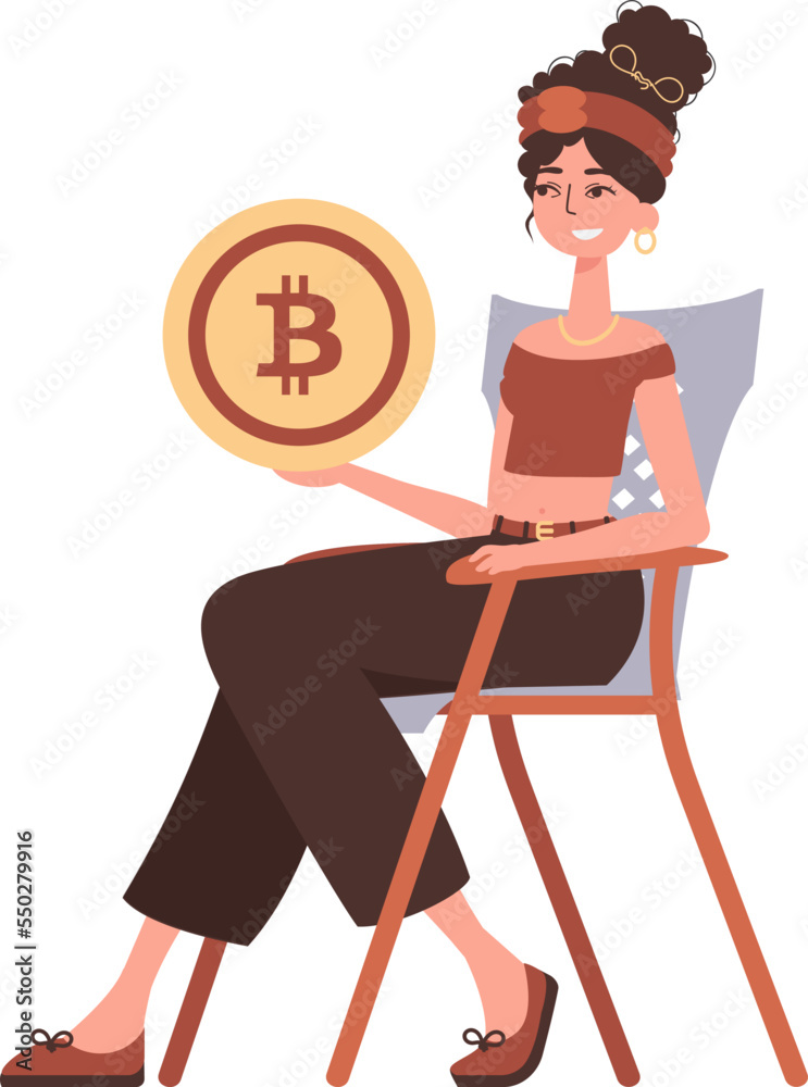 A woman sits in a chair and holds a bitcoin in her hands. Character in modern trendy style.
