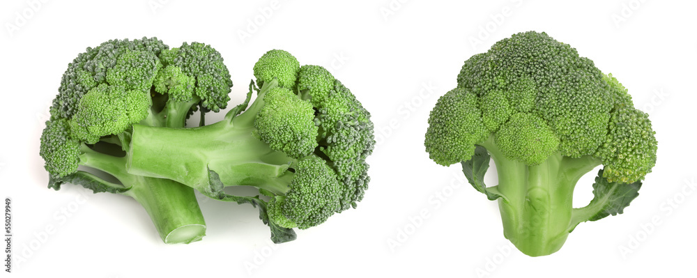 fresh broccoli isolated on white background close-up. Top view fresh broccoli isolated on white background close-up. Top view