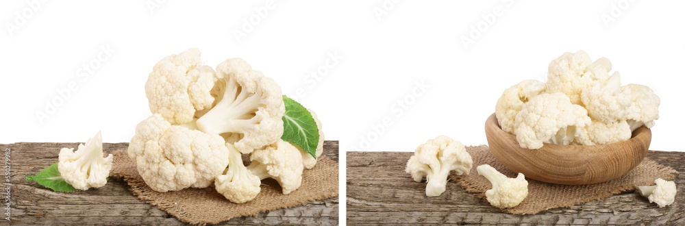 Piece of cauliflower on wooden table with white background Piece of cauliflower on wooden table with white background