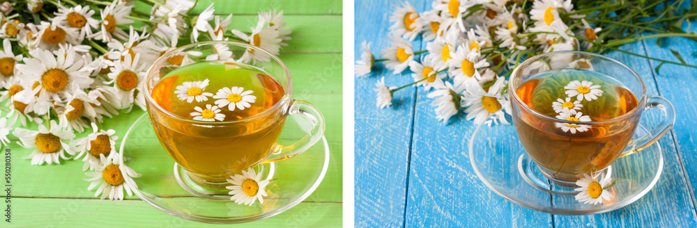 Herbal tea with fresh chamomile flowers on green wooden background Herbal tea with fresh chamomile flowers on green wooden background