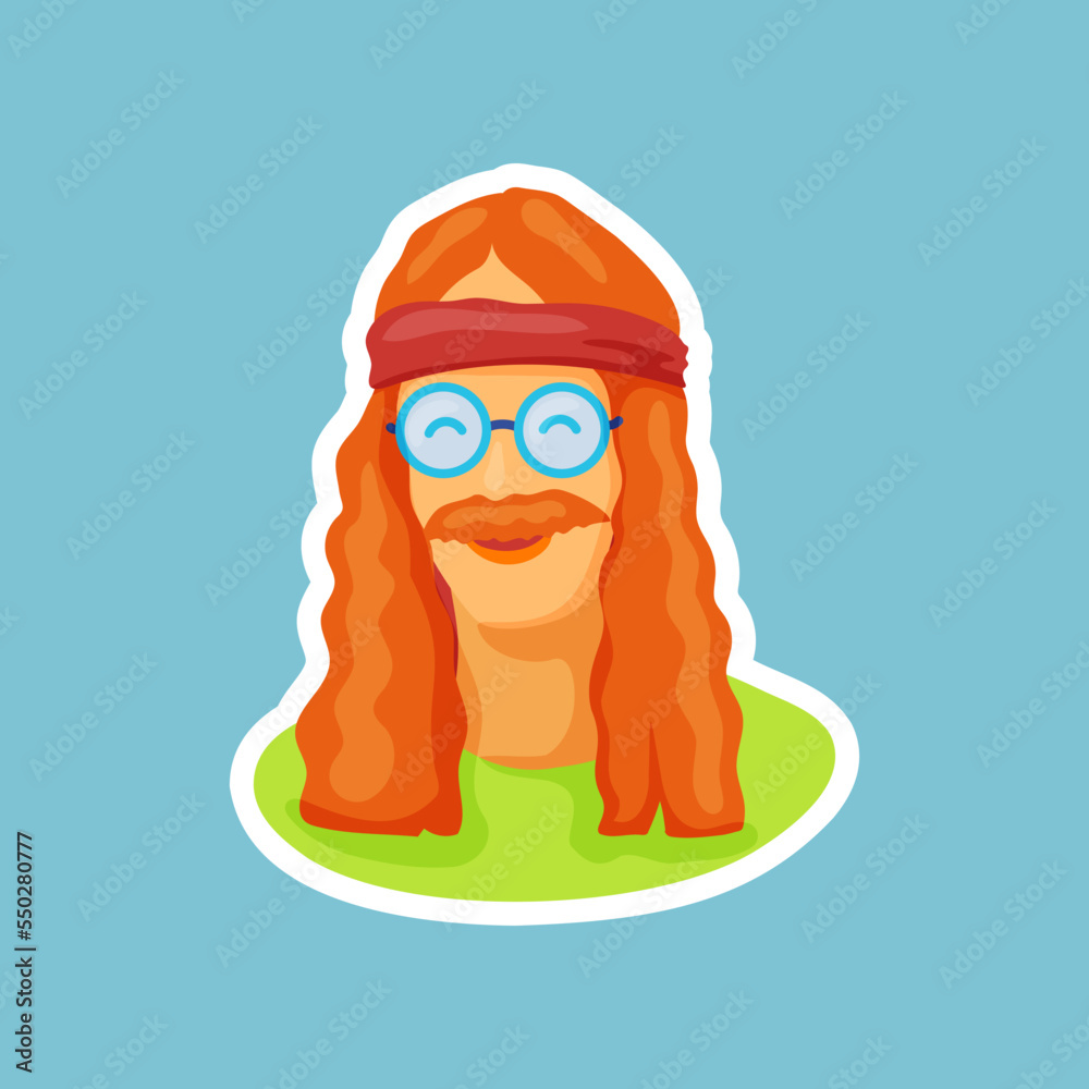 Fototapeta premium Retro hippie badge with happy man vector illustration. Sticker or patch with happy man in glasses on blue background. Hippie, peace, music, love, accessories concept