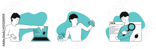 Man found a bug in the code vector concept illustration. Male application tester and platform security configure. Compatibility software and system problem. Test malware and debug server coding