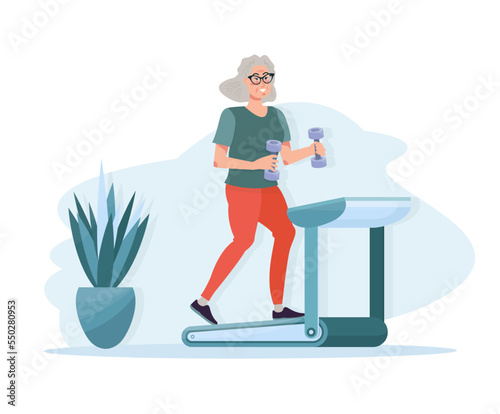 Elderly woman walking on the treadmill with dumbbells. Rehabilitation after trauma, injury. Physical therapy at the clinic. Patient having orthopedic therapy. Active old woman. vector illustration.