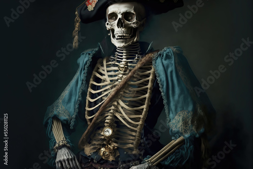 AI generated image of a scary skeleton pirate from ghost stories about pirates 