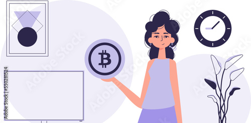 Bitcoin mining concept. A woman holds a bitcoin in her hands. Character in trendy style.