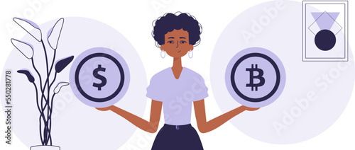 Bitcoin mining concept. A woman holds a bitcoin and a dollar in her hands. Character in trendy style.