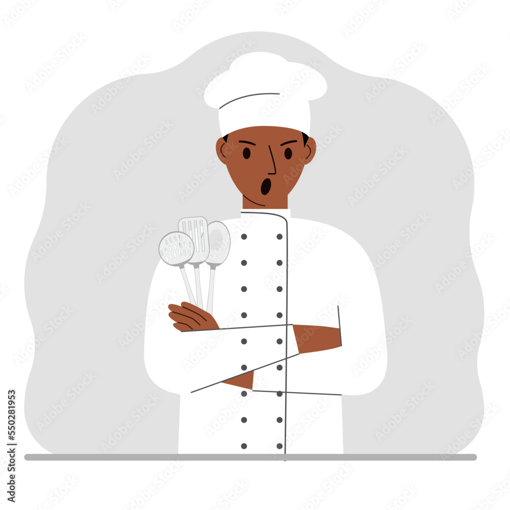 Screaming cook holds a kitchen cutlery set in his hand. Profession. Screaming cook holds a kitchen cutlery set in his hand. Profession.