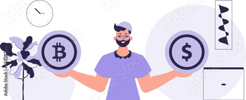 The concept of mining and extraction of bitcoin. A man holds a bitcoin and a dollar in the form of coins in his hands. Character with a modern style.