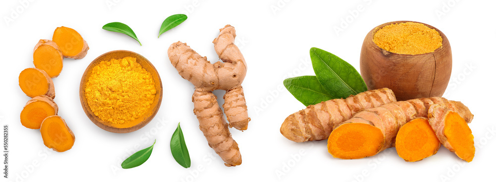 Turmeric powder and turmeric root isolated on white background. Top view. Flat lay Turmeric powder and turmeric root isolated on white background. Top view. Flat lay