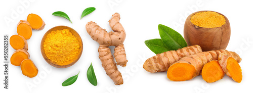 Turmeric powder and turmeric root isolated on white background. Top view. Flat lay © kolesnikovserg