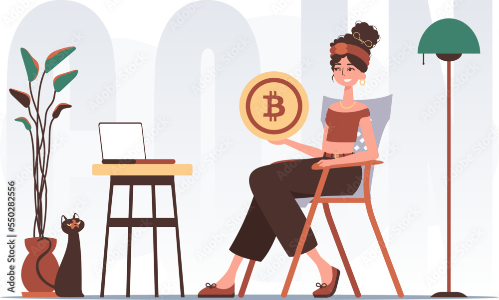 The concept of mining and extraction of bitcoin. A woman sits in a chair and holds a bitcoin in her hands. Character in modern trendy style.