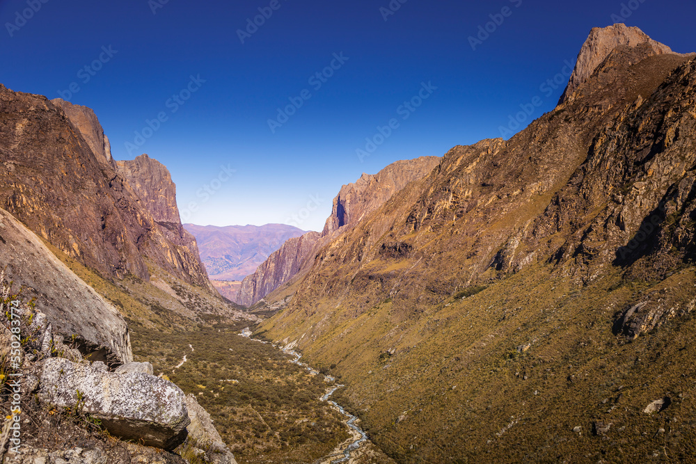 River and Huascaran massif in Cordillera Blanca, snowcapped Andes, Ancash, Peru