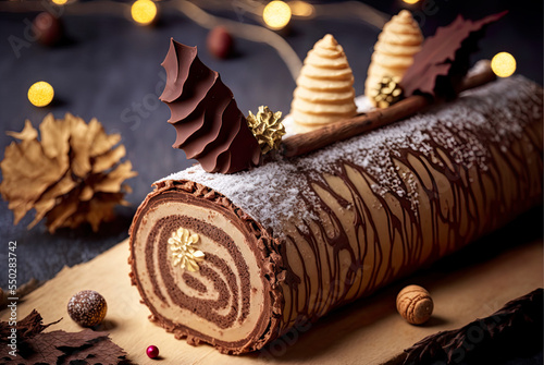 French Christmas dessert, bûche de Noel, delicious typical french xmas dessert, baked biscuit rolled with chocolate cream and decorated with chocolate and sugar elements, illustration, generative AI