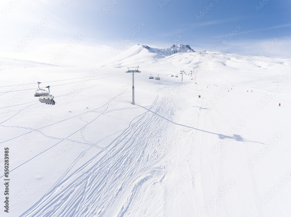 Aerial view of a ski lift in the mountains