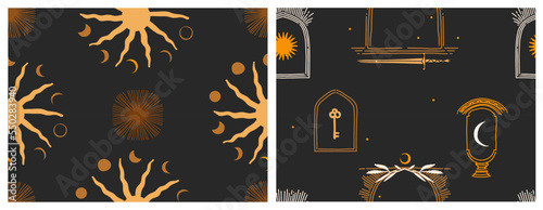 Vector abstract illustration seamless patterns set with magic celestial moon phases, crescent, sun, stars, mystic and simple astrology shapes. Night sky pattern concept design. Moon and stars vector.