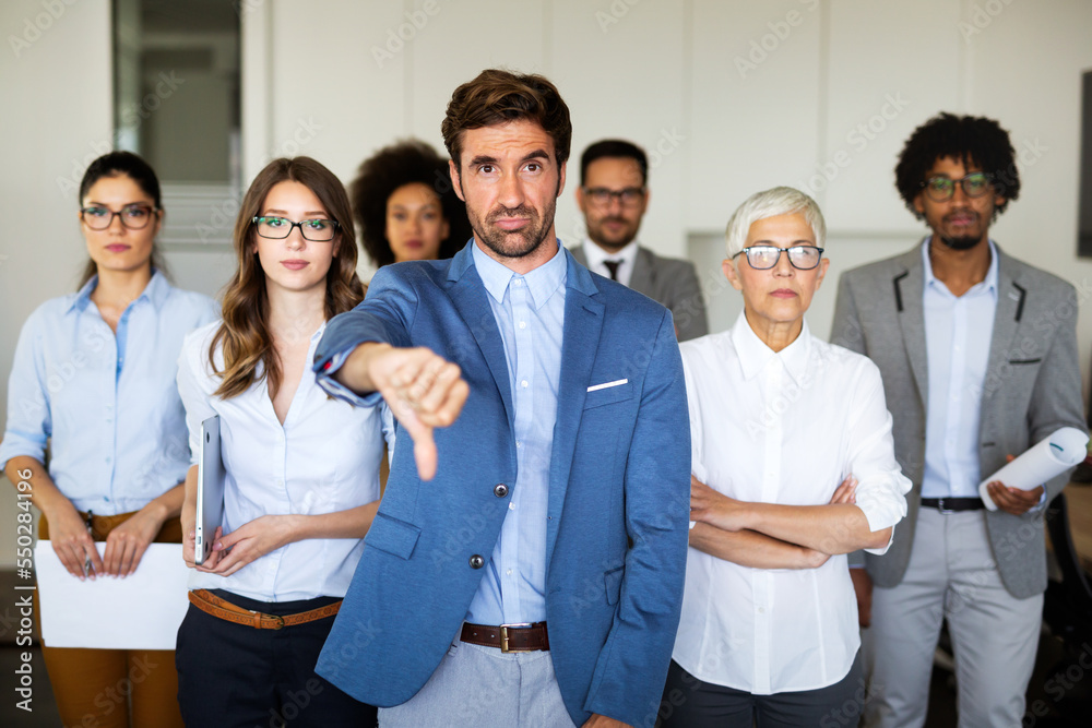 Group of unsuccessful business people and badly managed company leads to unhappiness Group of unsuccessful business people and badly managed company leads to unhappiness