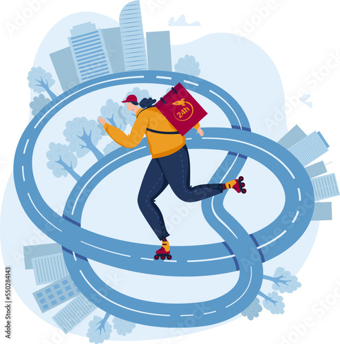 Courier at roller skates, food delivery service by deliver people, vector illustration. Man character riding with parcel package box.