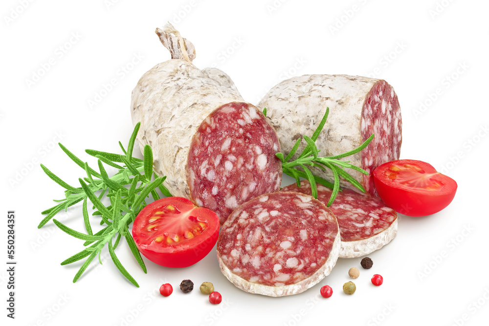 Cured salami sausage slices isolated on white background. Italian cuisine with full depth of field Cured salami sausage slices isolated on white background. Italian cuisine with full depth of field