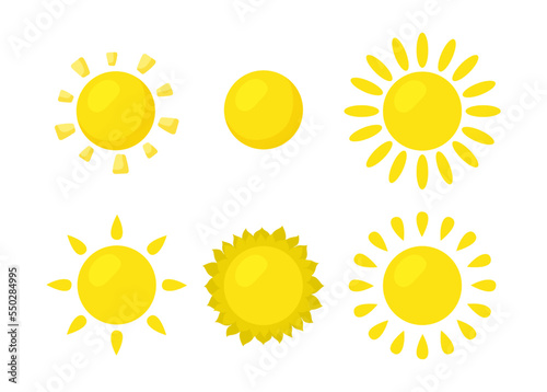 Sun with rays of different shapes vector illustrations set. Collection of cartoon drawings of yellow star with beams isolated on white background. Weather, climate, decoration, summer concept