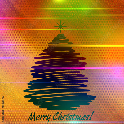 art christmas black graphic tree on golden background and bokeh effect