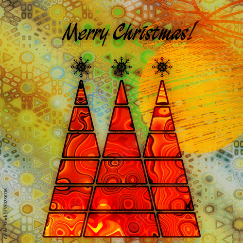art three christmas tree and ball in gold and red colors with abstract waves pattern on vintage gold and green pattern background