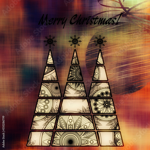 art three christmas tree and ball in black and white colors with abstract floral geometric pattern on gold, beige, brown, purple and orange background