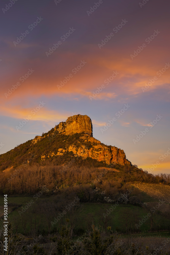 Rock of Solutre with vineyards, Burgundy, Solutre-Pouilly, France