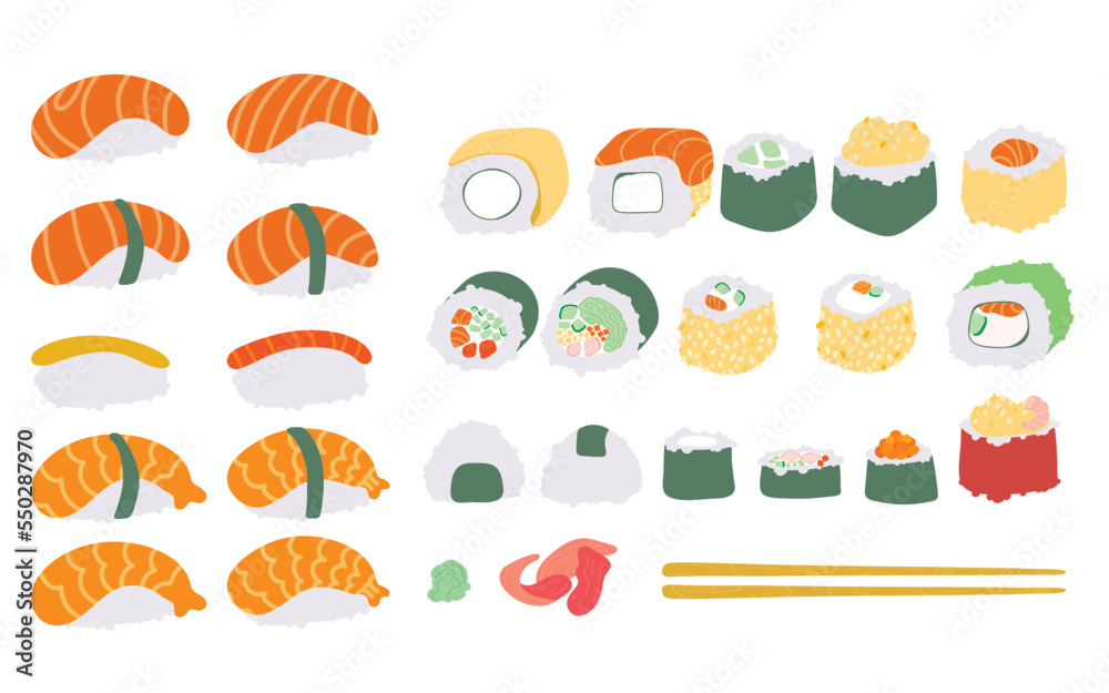 Sushi and rolls vector illustrations collection. Sushi isolated vector set icon. japanese food on white background . Cartoon set icon roll.