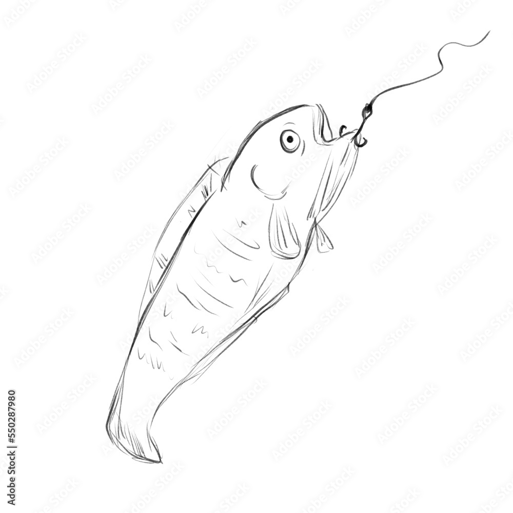 Big fish on the hook, pencil sketch illustration Stock