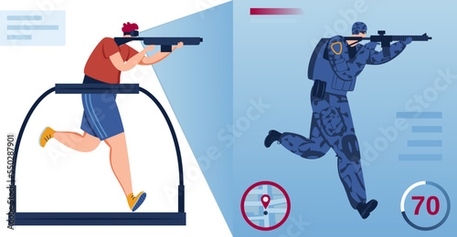 Virtual reality technology, cartoon man at simulation headset, isolated on white vector illustration. Vr game with weapon, gun