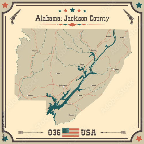 Large and accurate map of Jackson county  Alabama  USA with vintage colors.
