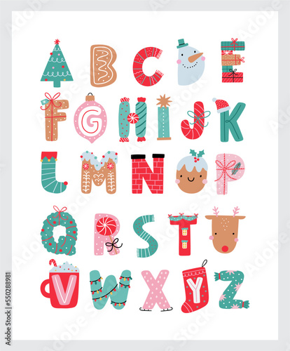 Christmas Alphabet with cute characters. Winter ABS and cartoon letters in flat style