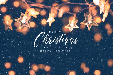 Merry Christmas and happy new year, Christmas stars lights with falling snow, snowflakes, Winter and new year holidays.