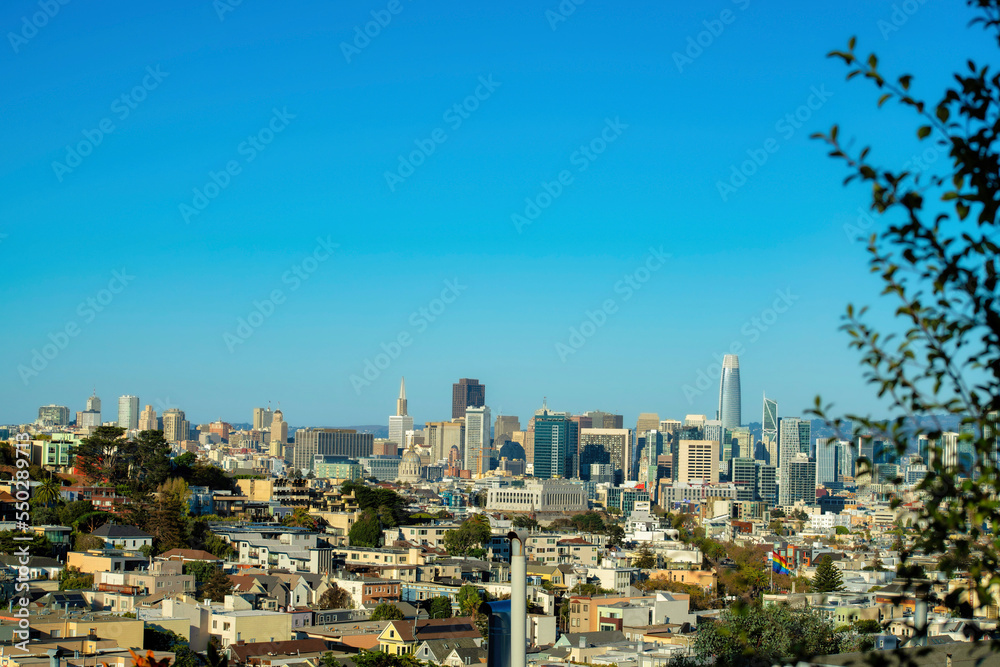 Downtown city with many buildings and sky scrapers in the historic districts of San Francisco California with front yard trees