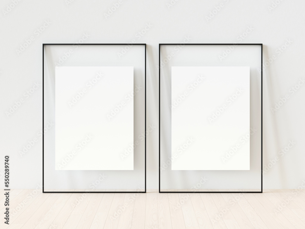 Close up white vertical photo frame on white wall background. Empty black picture frames mockup template isolated on white wall indoors. Vector illustration. 3d illustration Close up white vertical photo frame on white wall background. Empty black picture frames mockup template isolated on white wall indoors. Vector illustration. 3d illustration