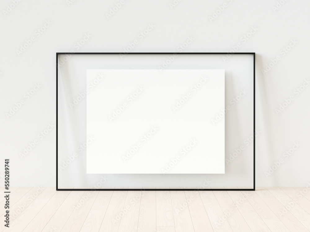 Wooden landscape photo frame with white paper on white wall background. Empty black picture frame mockup template isolated on white wall indoors.Vector illustration.3d illustration Wooden landscape photo frame with white paper on white wall background. Empty black picture frame mockup template isolated on white wall indoors.Vector illustration.3d illustration