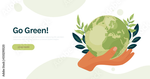 Save Earth Ecology concept with hand holding Globe and leaves  Eco Green  Modern landing web page template