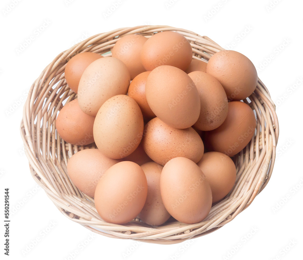 Fresh chicken eggs in woven bamboo basket isolated on white background with clipping path in png file Fresh chicken eggs in woven bamboo basket isolated on white background with clipping path in png file
