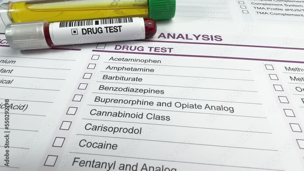 blood and urine samples from a patient for drug control. Tubes with blood and urine on a drug analysis test request document blood and urine samples from a patient for drug control. Tubes with blood and urine on a drug analysis test request document