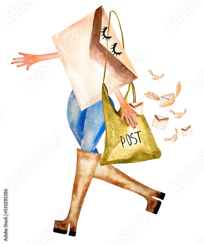 Character postman with a bag in boots with heels watercolor illustration. Messages fly out of the bag. Template for inserting into design, advertising, news, flight, wings, photo