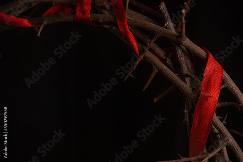 Crown of Thorns Red ribbon on black background
