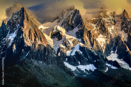 Mont Blanc massif idyllic alpine landscape countryside, Chamonix, French Alps