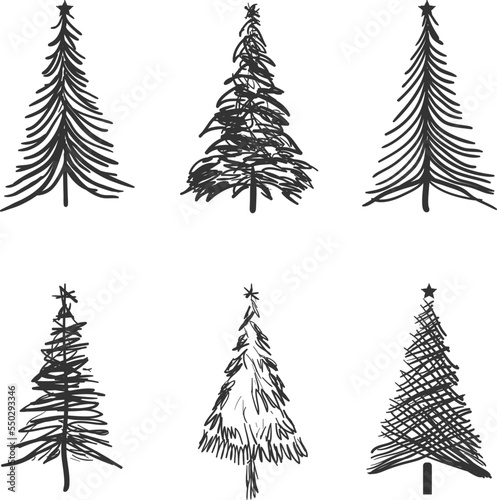 Christmas tree silhouette set hand drawn illustration on white background